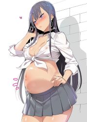 Rule 34 | 1girl, ^^^, amesuku gyaru, bad id, bad pixiv id, black hair, blush, breasts, cleavage, closed mouth, collared shirt, colored skin, covered erect nipples, cowboy shot, ear piercing, earrings, glint, grey skirt, hand on own hip, has bad revision, has downscaled revision, head tilt, heart, highres, hoop earrings, ikuchan kaoru, jewelry, kogal, large breasts, lips, long hair, looking away, md5 mismatch, multicolored skin, navel, no bra, nose blush, original, piercing, pleated skirt, pregnant, purple eyes, resolution mismatch, ribbon, shadow, shiny skin, shirt, skirt, sleeves past elbows, sleeves rolled up, solo, source smaller, standing, steaming body, stomach, straight hair, tied shirt, tsurime, very long hair, wall, white ribbon, white shirt, wing collar
