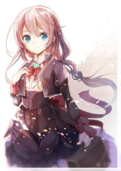 Rule 34 | 1girl, black jacket, black skirt, blue eyes, blurry, bow, braid, briefcase, brooch, brown hair, center frills, closed mouth, commentary request, frills, hair between eyes, hand up, highres, holding, jacket, jewelry, juliet sleeves, long hair, long sleeves, looking at viewer, open clothes, open jacket, original, puffy sleeves, red bow, shirt, single braid, skirt, smile, solo, very long hair, white shirt, yonema