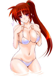 Rule 34 | 1girl, bikini, breasts, brown hair, cleavage, collarbone, commentary request, cowboy shot, engo (aquawatery), groin, heart, heart-shaped pupils, large breasts, long hair, looking at viewer, lyrical nanoha, mahou shoujo lyrical nanoha strikers, navel, purple eyes, side ponytail, simple background, soaking feet, solo, swimsuit, symbol-shaped pupils, takamachi nanoha, white background, white bikini