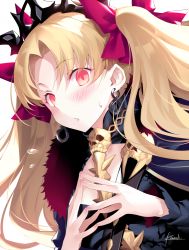 Rule 34 | 1girl, artist name, blonde hair, blush, bow, ereshkigal (fate), fate/grand order, fate (series), fur trim, hair bow, hands up, kousaki rui, long hair, looking at viewer, own hands together, parted lips, purple bow, red eyes, signature, skull, solo, steepled fingers, sweatdrop, tiara, tohsaka rin, two side up