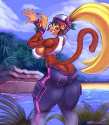 Rule 34 | 1girl, ass, blonde hair, breasts, butt crack, donkey kong (series), furry, highres, jewelry, long hair, looking back, monkey girl, nature, nintendo, pants, ponytail, rareware, tail, tiny kong, twintails, water