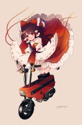 Rule 34 | 1girl, ascot, bare shoulders, black hair, blush, bow, brown eyes, detached sleeves, frilled skirt, frills, hair bow, hair tubes, hakurei reimu, highres, japanese clothes, long hair, motor vehicle, nontraditional miko, open mouth, red bow, red skirt, ribbon-trimmed sleeves, ribbon trim, sidelocks, signature, simple background, skirt, solo, touhou, touya (konpekitou), white sleeves, wide sleeves, yellow ascot, yellow background