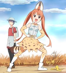 Rule 34 | &gt;:d, 10s, 1boy, 1girl, :d, aho girl, akutsu akuru, animal ears, annoyed, backpack, bag, banana peel, black gloves, blue hair, blue sky, bow, bowtie, brown eyes, bucket hat, cloud, cosplay, day, elbow gloves, exercise, gloves, grass, hanabatake yoshiko, hands on own hips, hat, high-waist skirt, jitome, kaban (kemono friends), kaban (kemono friends) (cosplay), kemono friends, long hair, looking at another, looking at viewer, mushi gyouza, open mouth, outdoors, pantyhose, print bow, print bowtie, print gloves, print legwear, print neckwear, print skirt, red hair, red shirt, savanna striped giant slug (kemono friends), savannah, serval (kemono friends), serval (kemono friends) (cosplay), serval print, serval tail, shirt, short hair, shorts, skirt, sky, sleeveless, sleeveless shirt, smile, sweatdrop, tail, thighhighs, twintails, v-shaped eyebrows, white shirt
