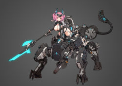 Rule 34 | 1girl, blush, breasts, cleavage, fang, highres, holding, holding weapon, large breasts, looking at viewer, mecha, mecha musume, open mouth, original, pink eyes, pink hair, robot, short hair, short twintails, skin fang, smile, solo, stmast, twintails, weapon