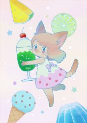 Rule 34 | 1girl, animal ears, ayu (mog), barefoot, bow, brown hair, closed mouth, cup, dress, drinking glass, food, full body, furry, furry female, holding, ice cream, ice cream cone, looking at viewer, original, pink bow, pink dress, pudding, purple eyes, signature, solo, star (symbol), tail, whiskers