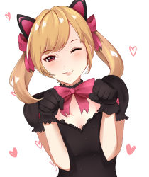 Rule 34 | 1girl, absurdres, alternate eye color, animal ears, artist name, black cat d.va, black dress, black gloves, blonde hair, bow, bowtie, breasts, cat ears, cleavage, clenched hands, d.va (overwatch), dress, gloves, hair bow, heart, highres, kurupururin, lolita fashion, looking at viewer, medium breasts, medium hair, official alternate costume, one eye closed, overwatch, overwatch 1, parted lips, paw pose, pink bow, pink eyes, puffy short sleeves, puffy sleeves, short sleeves, signature, simple background, solo, twintails, upper body, white background