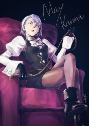Rule 34 | 1girl, ace attorney, armchair, ascot, black background, black footwear, black gloves, black skirt, black vest, blue eyes, blue hair, boots, breasts, chair, character name, commentary request, crossed legs, earrings, franziska von karma, gem, gloves, grey pantyhose, high heel boots, high heels, holding, holding whip, jewelry, juliet sleeves, long sleeves, looking at viewer, medium breasts, mole, mole under eye, on chair, pantyhose, parted lips, pencil skirt, puffy sleeves, shirt, short hair, sitting, skirt, solo, taba (tb gya), vest, whip, white shirt
