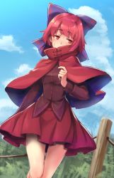 Rule 34 | 1girl, blue sky, blush, bow, capelet, cloud, cloudy sky, cowboy shot, day, fence, hair bow, highres, long sleeves, oborofu, outdoors, purple bow, red eyes, red hair, red skirt, sekibanki, short hair, skirt, sky, solo, sweat, thigh gap, touhou