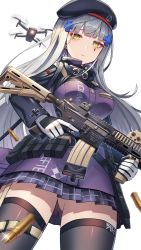 Rule 34 | 1girl, assault rifle, beret, black hat, black thighhighs, closed mouth, cross, dakunesu, facial mark, girls&#039; frontline, gloves, goggles, goggles around neck, green eyes, gun, h&amp;k hk416, hair ornament, hat, highres, hk416 (girls&#039; frontline), holding, holding gun, holding weapon, iron cross, jacket, long hair, long sleeves, looking at viewer, pleated skirt, rifle, silver hair, simple background, skirt, solo, thighhighs, weapon, white background, white gloves