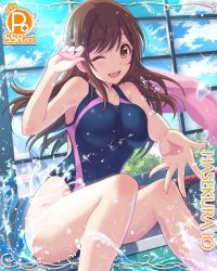 Rule 34 | 1girl, breast press, breasts, brown eyes, brown hair, card (medium), cygames, indoors, io (princess connect!), io (real) (princess connect!), large breasts, long hair, looking at viewer, official art, one-piece swimsuit, one eye closed, poolside, princess connect!, sitting, smile, solo, splashing, swimsuit, water
