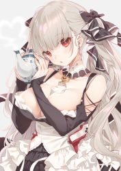Rule 34 | 1girl, azur lane, between breasts, black bow, black dress, bow, breasts, clothing cutout, collarbone, commentary request, dress, fingernails, formidable (azur lane), grey background, grey hair, hair bow, hands up, highres, holding, holding teapot, kurokuma (kuro kumagaya), large breasts, long hair, long sleeves, looking at viewer, parted lips, red eyes, shoulder cutout, simple background, sleeves past wrists, solo, teapot, very long hair