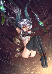 Rule 34 | 1girl, adsouto, armpits, black footwear, black gloves, black panties, blush, boots, crop top, dual wielding, eiyuu densetsu, elbow gloves, falcom, fie claussell, fingerless gloves, floating hair, full body, gloves, green eyes, gun, highres, holding, holding gun, holding weapon, long hair, looking at viewer, midriff, panties, scarf, scarf over mouth, sen no kiseki, silver hair, solo, stomach, thigh boots, thighhighs, underwear, very long hair, weapon