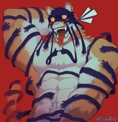Rule 34 | 1boy, abs, arm behind head, bara, black mask, black stripes, blush, colored sclera, covering privates, dream tiger (govy9807), furry, furry male, highres, index fingers together, large pectorals, looking to the side, male focus, muscular, muscular male, navel hair, notice lines, nude, orange sclera, original, pectorals, red background, sharp teeth, soladite1, solo, teeth, thick arms, tiger boy, tongue, tongue out, twitter username, whiskers