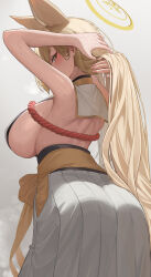 Rule 34 | 1girl, absurdres, animal ears, arms behind head, arms up, ass, back, bannou ippoutsukou, bare arms, bare shoulders, blonde hair, blue archive, blush, breasts, curvy, extra ears, from behind, glance, grey background, halo, highres, huge breasts, japanese clothes, kaho (blue archive), large breasts, long hair, looking at viewer, looking back, mole, sash, sideboob, simple background, skirt, solo, sweat, white background, white skirt, yellow eyes, yellow sash