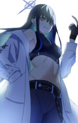 Rule 34 | 1girl, bare shoulders, belt, black belt, black gloves, black hair, black shirt, blue archive, blue eyes, blue pants, coat, commentary request, cowboy shot, crop top, gloves, grin, hand up, highres, index finger raised, leggings, long hair, long sleeves, looking at viewer, midriff, navel, no headwear, off shoulder, open clothes, open coat, pants, sabita gen, saori (blue archive), shirt, simple background, sleeveless, sleeveless shirt, smile, solo, standing, stomach, white background, white coat