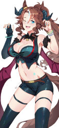 Rule 34 | 1girl, ;d, absurdres, animal ears, armpits, bare shoulders, belt, black gloves, black shorts, black thighhighs, black vest, blue hair, blush, bracelet, breasts, brown belt, brown hair, claw pose, cleavage, codename47, commentary request, crop top, demon horns, demon wings, ear ornament, elbow gloves, fake horns, fake wings, fangs, fur armlet, gloves, groin, hair between eyes, halloween costume, highres, horns, horse ears, horse girl, horse tail, jewelry, large breasts, long hair, looking at viewer, mejiro palmer (devil in the moonlight) (umamusume), mejiro palmer (umamusume), midriff, multicolored hair, multicolored nails, nail polish, navel, official alternate costume, one eye closed, open mouth, partially fingerless gloves, ponytail, shorts, sidelocks, simple background, single elbow glove, skindentation, smile, solo, standing, streaked hair, tail, thigh strap, thighhighs, two-tone hair, umamusume, vest, white background, white hair, wings