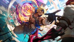 Rule 34 | 1boy, animal ears, belt, black gloves, blonde hair, blue headband, blue jacket, brown pants, chain, cloud, collarbone, colored skin, day, gloves, glowing, glowing hand, grin, headband, highres, jacket, league of legends, muscular, muscular male, official art, open clothes, open jacket, outdoors, pants, red skin, sett (league of legends), smile, solo focus, soul fighter sett, teeth, yellow eyes