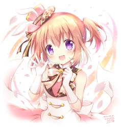Rule 34 | 1girl, :d, animal ears, bare shoulders, blush, bow, brown hair, commentary request, dated, elbow gloves, fake animal ears, gloves, gochuumon wa usagi desu ka?, hair between eyes, hands up, hat, hoto cocoa, looking at viewer, nanase miori, open mouth, petals, pink hat, pink skirt, purple eyes, rabbit ears, side ponytail, signature, skirt, smile, solo, striped, striped bow, tilted headwear, upper body, vest, white background, white bow, white gloves, white vest