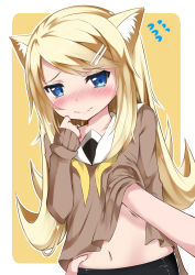 Rule 34 | 1girl, absurdres, animal ears, blonde hair, blue eyes, blush, cat ears, catstudioinc (punepuni), commentary, embarrassed, flipped hair, flying sweatdrops, hair ornament, hairclip, hand under clothes, hand under shirt, highres, long hair, navel, original, outline, shirt, simple background, solo focus, wavy mouth, white outline