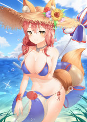 Rule 34 | 1girl, absurdres, animal ear fluff, animal ears, bad id, bad pixiv id, ball, bare arms, bare shoulders, beachball, bikini, blue bikini, blue sky, breast hold, breasts, brown eyes, cleavage, cloud, collarbone, commentary request, contrail, cowboy shot, day, ears through headwear, fate/grand order, fate (series), flower, fox ears, fox girl, fox tail, hat, hat flower, highres, holding, horizon, innertube, jewelry, large breasts, long hair, looking at viewer, navel, necklace, ocean, outdoors, pink hair, plant, side-tie bikini bottom, sky, smile, solo, sparkle, standing, stomach, straw hat, sunflower, swim ring, swimsuit, tail, tamamo (fate), tamamo no mae (fate/extra), tamamo no mae (swimsuit lancer) (fate), thigh gap, thighs, verena, water