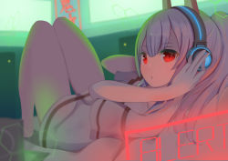 Rule 34 | 1girl, absurdres, adjusting headphones, ayanami (azur lane), ayanami (niconico) (azur lane), azur lane, bare legs, barefoot, bed sheet, blurry, collarbone, commentary request, depth of field, eyes visible through hair, from side, headgear, headphones, highres, long hair, looking at viewer, looking to the side, lying, monitor, official alternate costume, oversized clothes, oversized shirt, parted lips, ponytail, red eyes, rindou ringdong, shirt, sidelocks, silver hair, solo, t-shirt, thighs