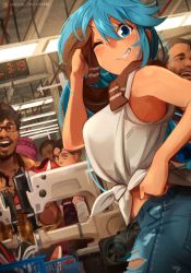 Rule 34 | 2girls, 3boys, aqua (konosuba), armpits, bags under eyes, bare shoulders, beanie, black-framed eyewear, black eyes, black hair, blue eyes, blue hair, blue pants, blush, breasts, brown hair, brown scarf, closed eyes, commentary, cowboy shot, dark-skinned male, dark skin, denim, dutch angle, english commentary, facial hair, glasses, grin, hair between eyes, hand on own hip, hand up, hat, highres, indoors, jeans, khyle., kono subarashii sekai ni shukufuku wo!, large breasts, long hair, looking at another, looking at viewer, looking to the side, medium hair, midriff, multiple boys, multiple girls, mustache, one eye closed, open mouth, pants, pink headwear, red footwear, scarf, sewing machine, shirt, shoes, short hair, skindentation, smile, sneakers, straight hair, sweat, swept bangs, tank top, teeth, tented shirt, thick eyebrows, thread, torn clothes, torn pants, upper body, upper teeth only, very long hair, white tank top, wiping sweat, yellow shirt