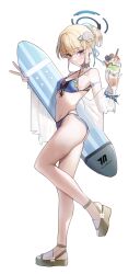 Rule 34 | 1girl, absurdres, alternate costume, bikini, blonde hair, blue archive, blue bikini, blue eyes, blue halo, breasts, brown footwear, commentary, cup, flower, full body, hair flower, hair ornament, halo, highres, holding, holding cup, holding surfboard, looking at viewer, medium breasts, mungduck, sandals, simple background, solo, standing, standing on one leg, surfboard, swimsuit, thighs, toki (blue archive), white background, white flower, x hair ornament