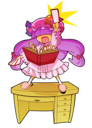 Rule 34 | 1girl, book, crescent, female focus, full body, hair over eyes, hat, long hair, maxgonta, open mouth, patchouli knowledge, purple hair, simple background, slippers, socks, solo, spell card, standing, table, touhou, white background