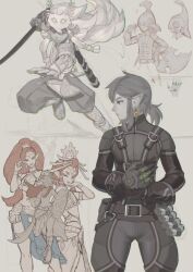 Rule 34 | 1boy, 2girls, belt, closed mouth, clothing request, earrings, gloves, helmet, highres, holding, holding shield, holding sword, holding weapon, ivy (sena0119), jewelry, katana, link, long hair, long sleeves, multiple girls, nintendo, pants, pointy ears, ponytail, profile, red hair, riju, ring, shield, smile, sword, the legend of zelda, the legend of zelda: breath of the wild, urbosa, weapon
