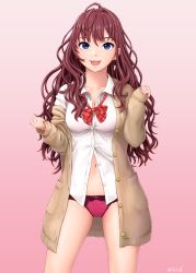 Rule 34 | 1girl, :d, ahoge, artist name, blue eyes, blush, bow, bow panties, bowtie, breasts, brown hair, cardigan, cleavage, collarbone, cowboy shot, dress shirt, earrings, gradient background, hair between eyes, hands up, highres, ichinose shiki, idolmaster, idolmaster cinderella girls, jewelry, lace, lace-trimmed panties, lace trim, long hair, looking at viewer, medium breasts, messy hair, navel, no pants, off shoulder, open cardigan, open clothes, open mouth, open shirt, panties, pink panties, plaid, plaid bow, plaid bowtie, plaid neckwear, school uniform, shirt, signature, single earring, smile, solo, standing, unbuttoned, underwear, yurashima