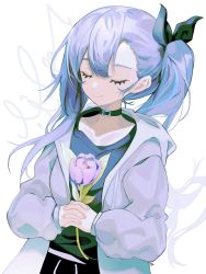 Rule 34 | 1girl, absurdres, black choker, blue hair, choker, collarbone, eyelashes, closed eyes, fang, fang out, fingernails, flower, grey background, hair between eyes, highres, holding, holding flower, jacket, light blue hair, lilpa, long hair, multicolored hair, open clothes, open jacket, own hands together, purple flower, purple hair, side ponytail, signature, simple background, sleeves past wrists, solo, streaked hair, syu45, virtual youtuber, waktaverse