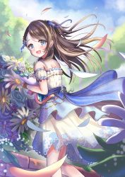 Rule 34 | 1girl, :d, asymmetrical bangs, bare shoulders, black hair, blue sky, blurry, blush, bouquet, depth of field, detached sleeves, dress, earrings, feet out of frame, floating hair, flower, frilled sleeves, frills, garden, highres, holding, holding bouquet, idolmaster, idolmaster cinderella girls, idolmaster cinderella girls starlight stage, jewelry, kurihara nene, looking at viewer, looking back, open mouth, outdoors, petals, print dress, sky, sleeveless, sleeveless dress, smile, solo, takenaka takeshi