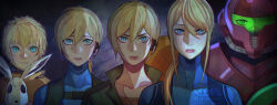 1girl age_progression artist_name blonde_hair blue_bodysuit blue_eyes bodysuit commentary english_commentary highres metroid mole mole_under_mouth nintendo power_suit_(metroid) rabbit samus_aran short_hair xuuikie_ashe zero_suit