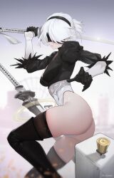 Rule 34 | 1girl, 2b (nier:automata), absurdres, arm up, ass, black blindfold, black gloves, black hairband, black thighhighs, blindfold, breasts, chilakkk, closed mouth, curvy, feather-trimmed sleeves, floating hair, from side, gloves, hairband, hand up, highleg, highleg leotard, highres, holding, holding sword, holding weapon, huge ass, juliet sleeves, katana, leotard, long sleeves, medium breasts, nier:automata, nier (series), puffy sleeves, shiny skin, short hair, skindentation, solo, sword, tassel, thighhighs, thighs, thong leotard, weapon, white hair, white leotard, wide hips