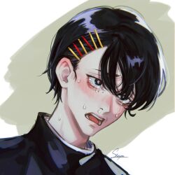 Rule 34 | 1boy, artist name, black hair, chainsaw man, crying, crying with eyes open, gakuran, hair ornament, hairpin, higashiyama nobana, highres, kobeni otouto, looking at viewer, mole, mole under eye, multiple hairpins, nervous sweating, open mouth, school uniform, short hair, signature, snot, solo, staryoruu, sweat, tearing up, tears, two-tone background