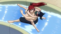 Rule 34 | 1boy, 1girl, abs, animated, animated gif, blood, breasts, erza scarlet, fairy tail, jellal fernandes, large breasts, lowres, mask, muscular, nosebleed, ponytail, pool, red hair, screencap, sexually suggestive, topless male, swimsuit, tattoo, water, water slide