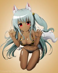 Rule 34 | &gt;:o, 1girl, :o, animal ears, bikini, blue hair, breasts, claw pose, cleavage, coldtrojan, collarbone, colorized, full body, highres, kneeling, kou mashiro, long hair, looking at viewer, red eyes, side-tie bikini bottom, side ponytail, simple background, solo, swimsuit, tail, tan, thigh gap, v-shaped eyebrows, very long hair