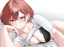 Rule 34 | 1girl, 1z10, ;|, black bra, blush, bottomless, bra, breasts, brown hair, cleavage, clothes lift, collarbone, hand on own cheek, hand on own face, higuchi madoka, idolmaster, idolmaster shiny colors, looking at viewer, lying, medium breasts, mole, mole under eye, on side, red eyes, shirt, shirt lift, simple background, solo, underwear, white shirt