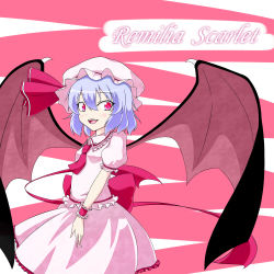 Rule 34 | 1girl, :d, ascot, bad id, bad pixiv id, bat wings, character name, dress, frilled dress, frills, hat, hat ribbon, highres, light purple hair, open mouth, red eyes, remilia scarlet, ribbon, short hair, smile, touhou, wings, zellam