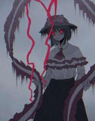 Rule 34 | 1girl, ascot, black skirt, bow, capelet, cowboy shot, frilled capelet, frilled shawl, frills, glowing, glowing eyes, grey background, hat, hat bow, hat ribbon, looking at viewer, n0een, nagae iku, red ascot, red eyes, ribbon, shawl, shirt, short hair, skirt, third-party source, touhou, white shirt
