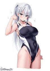Rule 34 | 1girl, bare arms, bare legs, bare shoulders, black one-piece swimsuit, blush, breasts, collarbone, competition swimsuit, covered navel, cowboy shot, cropped legs, ebifurya, fuyutsuki (kancolle), grey eyes, grey hair, groin, hand up, highleg, highleg swimsuit, highres, kantai collection, large breasts, long hair, looking at viewer, one-hour drawing challenge, one-piece swimsuit, parted lips, sidelocks, simple background, solo, swimsuit, thighs, twitter username, white background