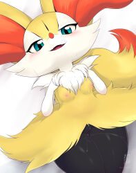 Rule 34 | 1girl, absurdres, alternate eye color, animal ear fluff, animal ears, artist name, bed sheet, black fur, blue eyes, blush, body fur, braixen, breasts, cleft of venus, completely nude, cowboy shot, creatures (company), dated, dutch angle, eryz, fangs, female focus, fox ears, fox girl, fox tail, from above, furaffinity username, furry, furry female, game freak, gen 6 pokemon, half-closed eyes, hands on own chest, hands up, happy, highres, looking at viewer, lying, multicolored fur, neck fur, nintendo, nipples, nude, on back, open mouth, pokemon, pokemon (creature), pussy, pussy juice, shiny skin, signature, simple background, small breasts, smile, solo, sweat, tail, thick thighs, thighs, twitter username, uncensored, white background, white fur, wide hips, yellow fur