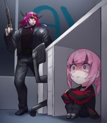 Rule 34 | 2girls, anime girl hiding from a terminator (meme), black jacket, black pants, black shirt, chair, chibi, crying, dasdokter, desk, frown, glowing, glowing eyes, gun, hair in own mouth, hand up, holding, holding weapon, hololive, hololive english, horns, hugging own legs, indoors, irys (hololive), jacket, leather, leather jacket, long hair, long sleeves, meme, mori calliope, multiple girls, office chair, pants, parody, pink hair, pointy ears, red eyes, sanpaku, shirt, shotgun, sitting, sunglasses, swivel chair, tearing up, terminator (series), the terminator, virtual youtuber, weapon