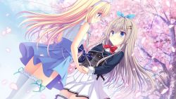 Rule 34 | 2girls, black bow, blonde hair, blue bow, blue eyes, blue hairband, blue skirt, bow, bow hairband, bowtie, cherry blossoms, closed mouth, cowboy shot, da capo iv, day, dress shirt, dutch angle, eye contact, floating hair, frilled thighhighs, frills, game cg, gem, green gemstone, green ribbon, grey hair, hair bow, hair ornament, hairband, heart, heart hair ornament, high-waist skirt, holding hands, long hair, long sleeves, looking at another, miniskirt, multiple girls, neck ribbon, outdoors, pleated skirt, red bow, red bowtie, red gemstone, ribbon, sagisawa arisa, sagisawa arisu, school uniform, shirt, skirt, sleeveless, sleeveless shirt, smile, spring (season), standing, thighhighs, very long hair, white shirt, white skirt, white thighhighs, zettai ryouiki