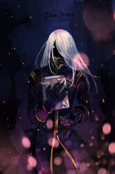 Rule 34 | 1boy, black coat, black gloves, black skin, book, character name, coat, colored skin, commentary request, cowboy shot, dark priest (ragnarok online), gloves, gold trim, hair over one eye, highres, holding, holding book, long hair, looking at viewer, male focus, ragnarok online, ragnarok origin, solo, tokio (okt0w0), white eyes, white hair