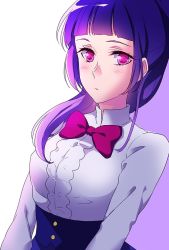 Rule 34 | 1girl, bad id, bad twitter id, blush, bow, bowtie, closed mouth, izayoi liko, long hair, looking at viewer, mahou girls precure!, negom, pink eyes, precure, purple background, purple hair, red bow, red bowtie, solo, white background