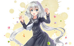 Rule 34 | 10s, 1girl, :d, arm up, black dress, black sailor collar, blue eyes, blush, breasts, commentary request, dress, grey neckerchief, hair between eyes, hand up, highres, holmemee, konno junko, long hair, long sleeves, looking at viewer, low twintails, mushroom, neckerchief, open mouth, sailor collar, sailor dress, silver hair, small breasts, smile, solo, twintails, very long hair, zombie land saga