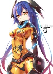 Rule 34 | 1girl, absurdres, armor, belt, blue hair, blush, bodysuit, breasts, closed mouth, cowboy shot, eyebrows, faulds, glowing, gradient hair, hair between eyes, headgear, high collar, highres, long hair, long sleeves, looking at viewer, multicolored hair, phantasy star, phantasy star online 2, purple hair, quna (pso2), racket ti1, skin tight, solo, text focus, white background, zelsius