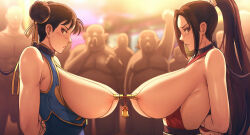 Rule 34 | absurdres, arms behind back, bare shoulders, bdsm, blush, bondage, bound, bound arms, breasts, brown eyes, brown hair, capcom, chun-li, clothes pin, collar, double bun, fatal fury, hair bun, high ponytail, highres, japanese clothes, large breasts, long hair, looking at viewer, nipple clamps, nipple stimulation, nipple torture, nipples, ponytail, restrained, revealing clothes, shiranui mai, sideboob, sideless dress, snk, street fighter, street fighter zero (series), tff, the king of fighters, unitard