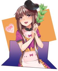 Rule 34 | 1girl, 1up, apron, asuzemu, bad id, bad twitter id, blunt bangs, bow, brown eyes, brown hair, commentary request, dress, hat, heart, holding, holding plant, looking at viewer, nishida satono, open mouth, plant, puffy short sleeves, puffy sleeves, purple bow, purple dress, short hair, short hair with long locks, short sleeves, sidelocks, smile, solo, touhou, white background